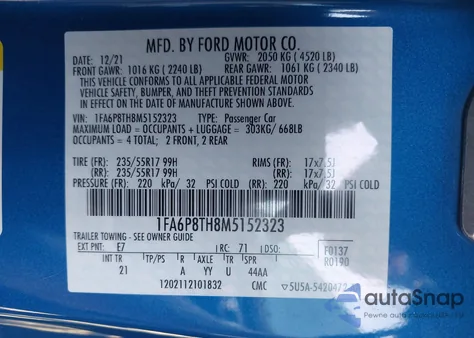 2021 Ford Mustang Ecoboost Fastback из США, поврежденный, VIN 1FA6P8TH8M5152323